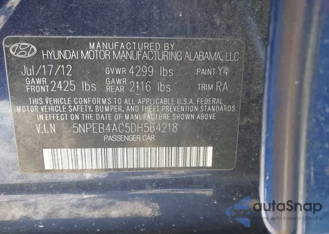 2013 Hyundai Sonata Gls z USA, uszkodzony, nr VIN 5NPEB4AC5DH564218